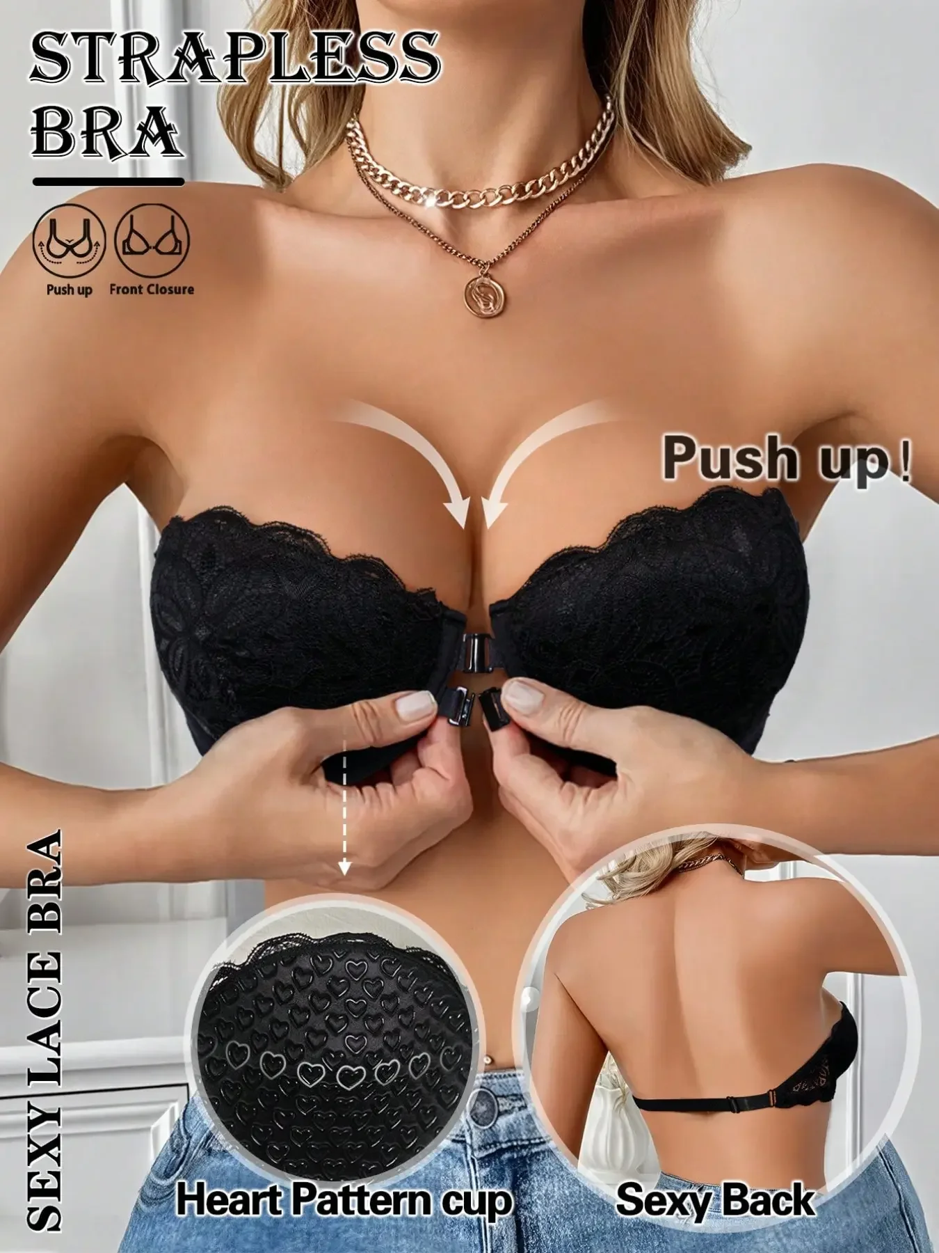 Sexy Lace Trim Front Buckle St - Strapless Bra Backless recension och pris