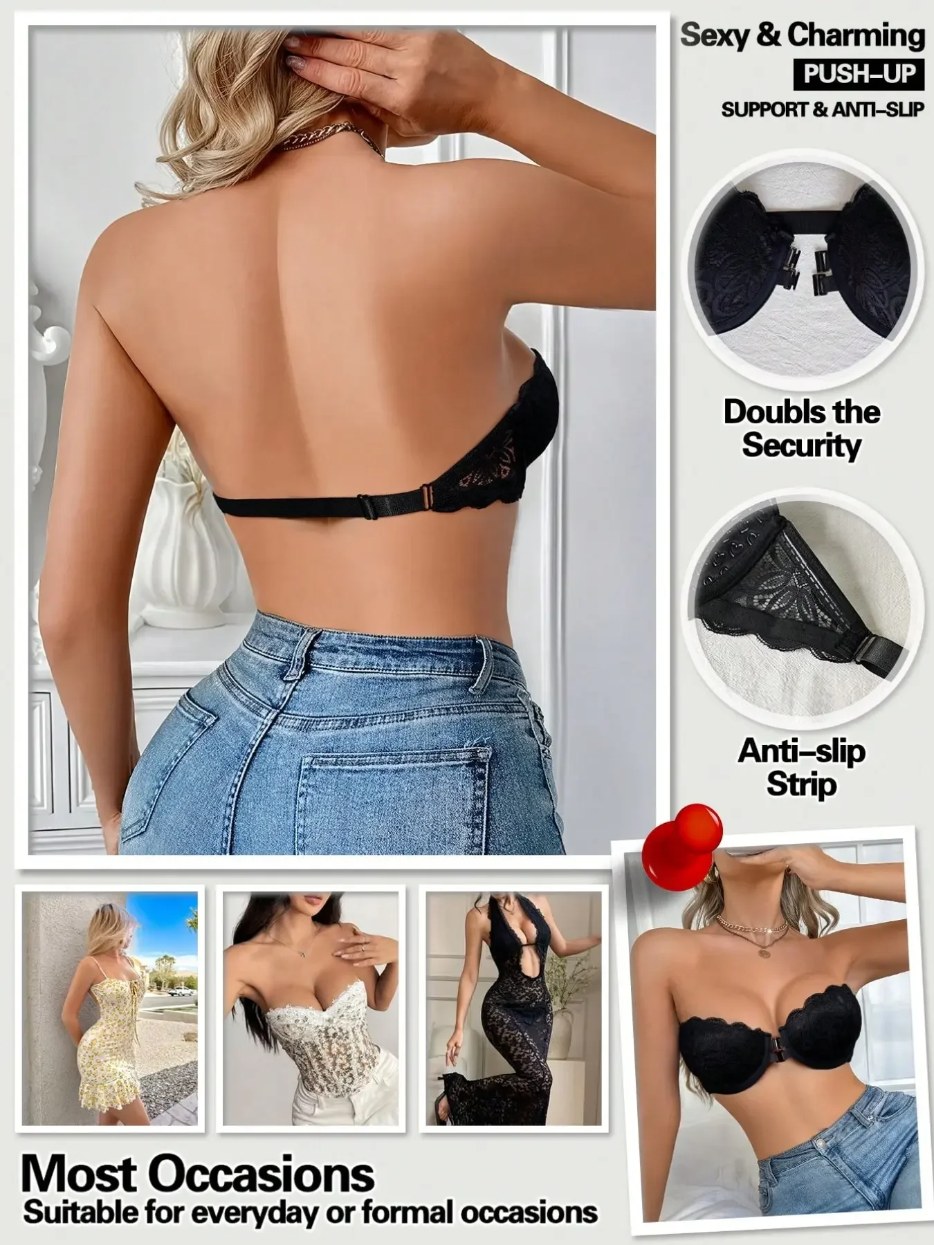 Sexy Lace Trim Front Buckle St - Strapless Bra Backless recension och pris